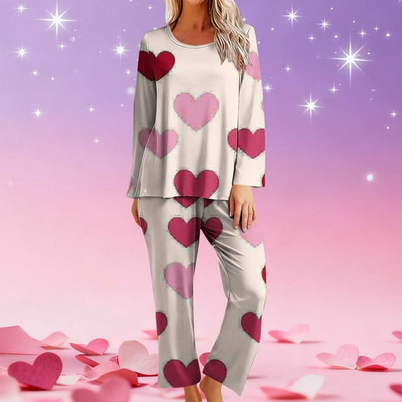 Yteetum Valentine's Gifts Pajamas Set for Women Oversized Crewneck Valentine's Day Loves Heart Graphic Printed Loungewear Matching Set Womens Casual Loose Long Sleeve T Shirt and Pjs Pant 2 Piece Set