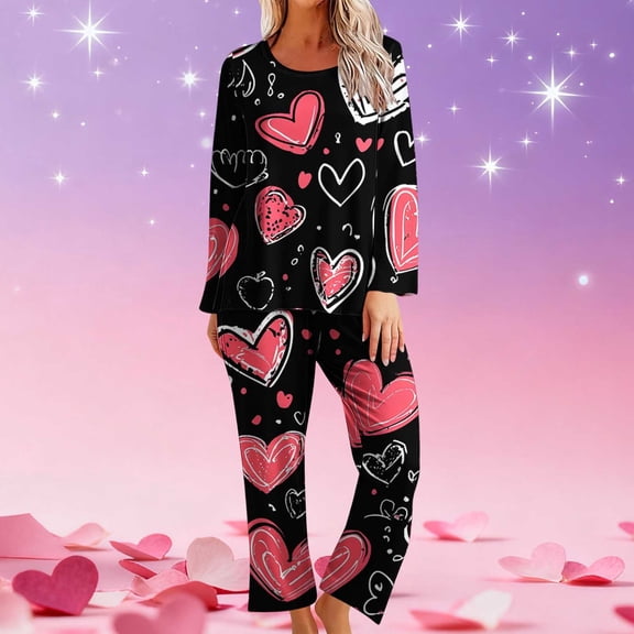 Yteetum Valentine's Gifts Pajamas Set for Women Oversized Crewneck Valentine's Day Loves Heart Graphic Printed Loungewear Matching Set Womens Casual Loose Long Sleeve T Shirt and Pjs Pant 2 Piece Set