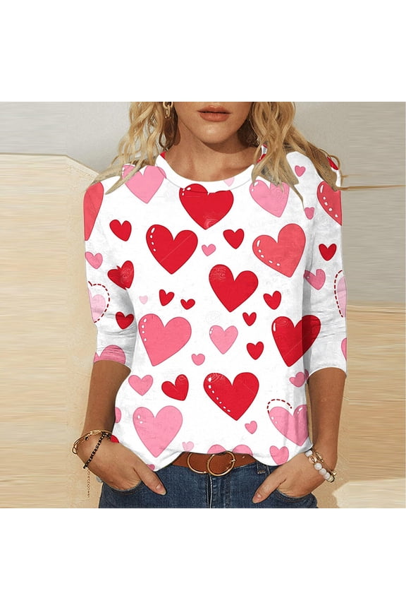 Valentines 3/4 Length Sleeve Womens Tops Oversized Crewneck Valentine's Day Loved Heart Print Three Quarter Sleeve T Shirts Womens Casual Round Neck Relaxed Fits Valentine Print Tee Shirts
