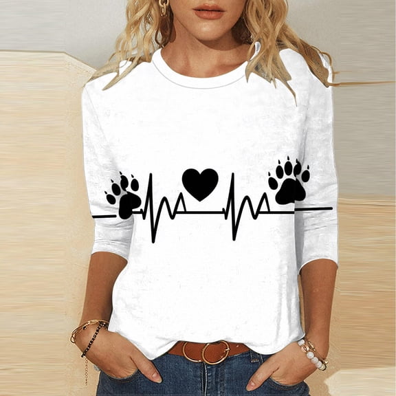 Yteetum Valentines 3/4 Length Sleeve Womens Tops Oversized Crewneck Valentine's Day Loved Heart Print Three Quarter Sleeve T Shirts Womens Casual Round Neck Relaxed Fits Valentine Print Tee Shirts