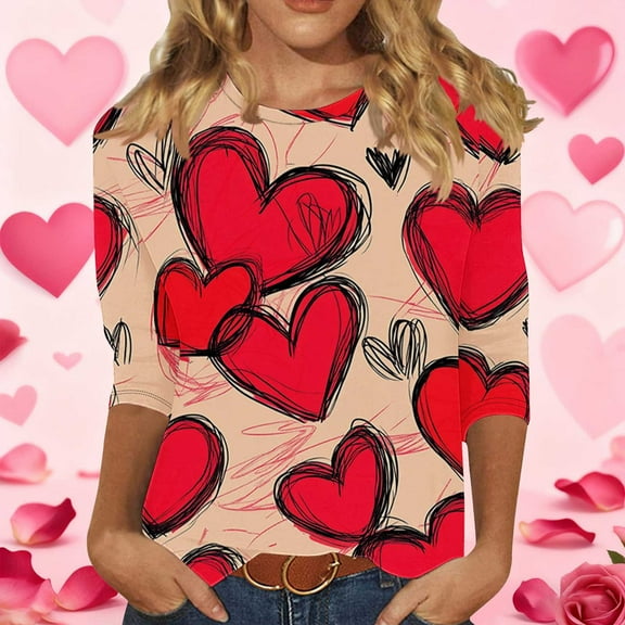 Yteetum Valentines 3/4 Sleeve Tops for Women Oversized Crewneck Valentine's Day Graphic Printed Short Sleeve T Shirt Womens Casual Round Neck Loose Comfy Loves Heart Print Three Quarter Sleeve Shirts