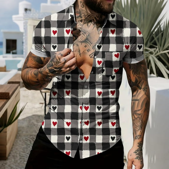 Yteetum Valentines Day Shirts for Men Oversized Valentine's Day Print Lapel Button Down T Shirts Top Mens Casual Turndown Collar Loose Comfy Summer Short Sleeve Button Blouse Hawaiian Beach Shirt