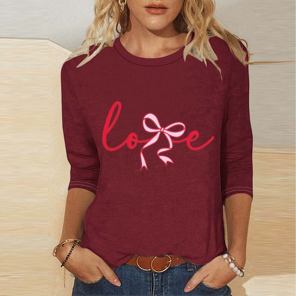 Yteetum Valentines Gift 3/4 Length Sleeve Womens Tops Oversized Crewneck Valentine Day Loves Heart Graphic Print Short Sleeve T Shirt Womens Casual Plus Size Round Neck Three Quarter Sleeve Tee Shirt