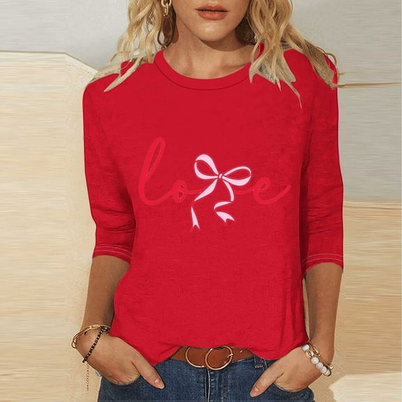 Yteetum Valentines Gift 3/4 Length Sleeve Womens Tops Oversized Crewneck Valentine Day Loves Heart Graphic Print Short Sleeve T Shirt Womens Casual Plus Size Round Neck Three Quarter Sleeve Tee Shirt