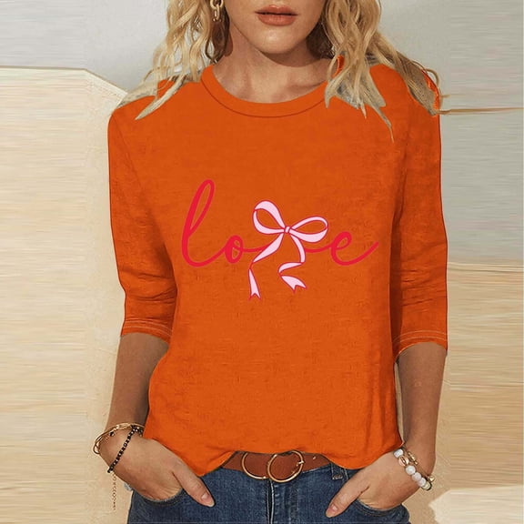 Yteetum Valentines Gift 3/4 Length Sleeve Womens Tops Oversized Crewneck Valentine Day Loves Heart Graphic Print Short Sleeve T Shirt Womens Casual Plus Size Round Neck Three Quarter Sleeve Tee Shirt