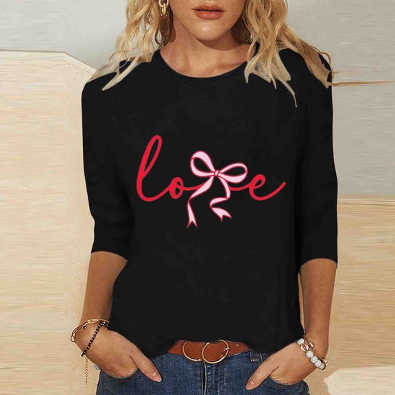 Yteetum Valentines Gift 3/4 Length Sleeve Womens Tops Oversized Crewneck Valentine Day Loves Heart Graphic Print Short Sleeve T Shirt Womens Casual Plus Size Round Neck Three Quarter Sleeve Tee Shirt