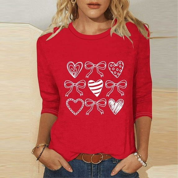 Yteetum Valentines Gift 3/4 Length Sleeve Womens Tops Oversized Crewneck Valentine Day Loves Heart Graphic Print Short Sleeve T Shirt Womens Casual Plus Size Round Neck Three Quarter Sleeve Tee Shirt