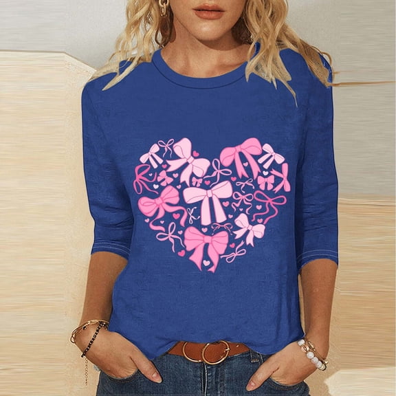 Yteetum Valentines Gift 3/4 Length Sleeve Womens Tops Oversized Crewneck Valentine Day Loves Heart Graphic Print Short Sleeve T Shirt Womens Casual Plus Size Round Neck Three Quarter Sleeve Tee Shirt