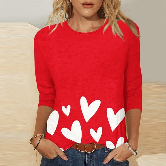 Yteetum Valentines Gifts 3/4 Length Sleeve Womens Tops Oversized Crewneck Valentine's Day Graphic Printed Short Sleeve T Shirt Womens Casual Round Neck Loves Heart Print Three Quarter Sleeve Shirts