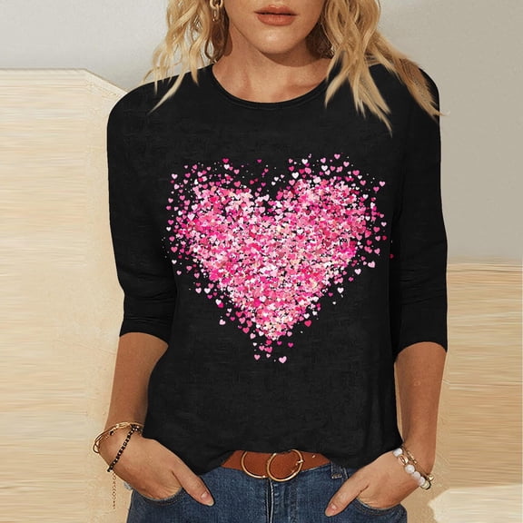 Yteetum Valentines Gifts 3/4 Length Sleeve Womens Tops Oversized Crewneck Valentine's Day Graphic Printed Short Sleeve T Shirt Womens Casual Round Neck Loves Heart Print Three Quarter Sleeve Shirts