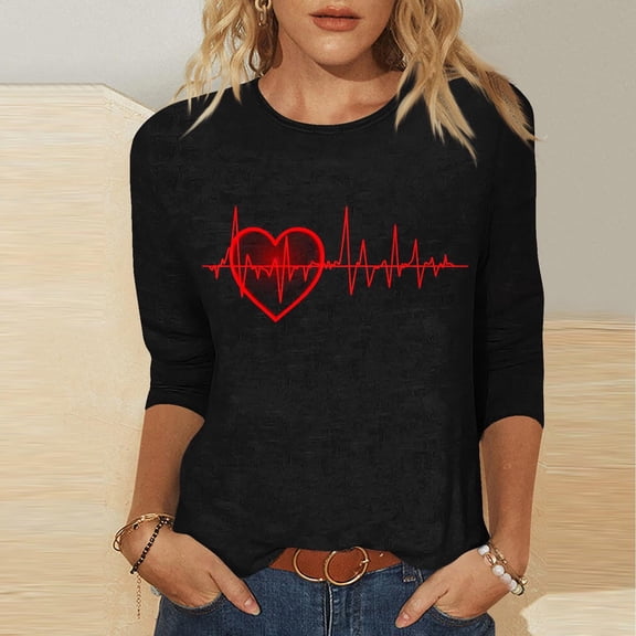 Yteetum Valentines Gifts 3/4 Length Sleeve Womens Tops Oversized Crewneck Valentine's Day Graphic Printed Short Sleeve T Shirt Womens Casual Round Neck Loves Heart Print Three Quarter Sleeve Shirts