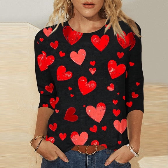 Yteetum Valentines Gifts 3/4 Length Sleeve Womens Tops Oversized Crewneck Valentine's Day Graphic Printed Short Sleeve T Shirt Womens Casual Round Neck Loves Heart Print Three Quarter Sleeve Shirts