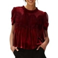 thumbnail image 1 of Yteetum Velvet Blouse for Women Oversized Crewneck Flared Swing Embroidered Mesh Velvet Lace Trim Long Sleeve T Shirt Top Womens Casual Plus Size Round Neck Loose Comfy Velour Holiday Party Tee Shirt, 1 of 7