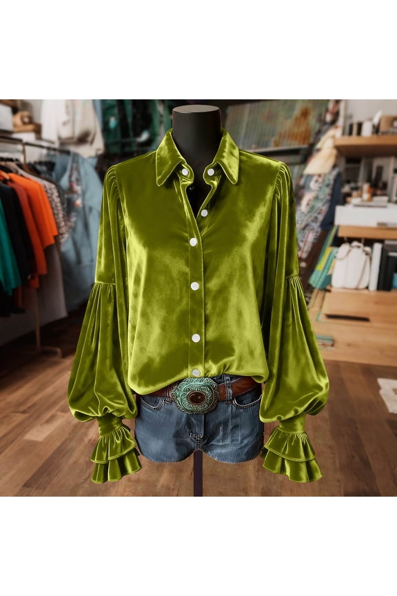 Velvet Long Sleeve Shirts for Women Oversized Lapel Button Down Gold Velour T Shirts Top Womens Casual Solid Turndown Collar Button Up Loose Comfy Ruffle Cuff Tee Blouses Fall Spring Clothes