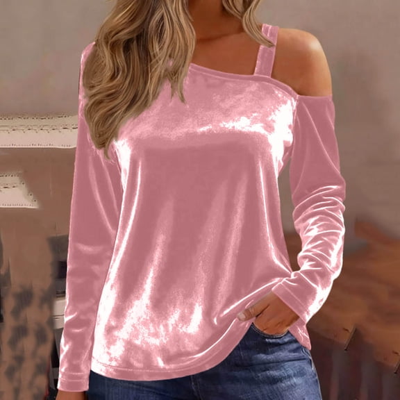 Yteetum Velvet Long Sleeve Shirts for Women Oversized Off Shoulder Single Strap T Shirts Top Womens Casual Solid Plus Size Loose Fits Comfy Elegant Basic Tee Shirt Fall Spring Clothes