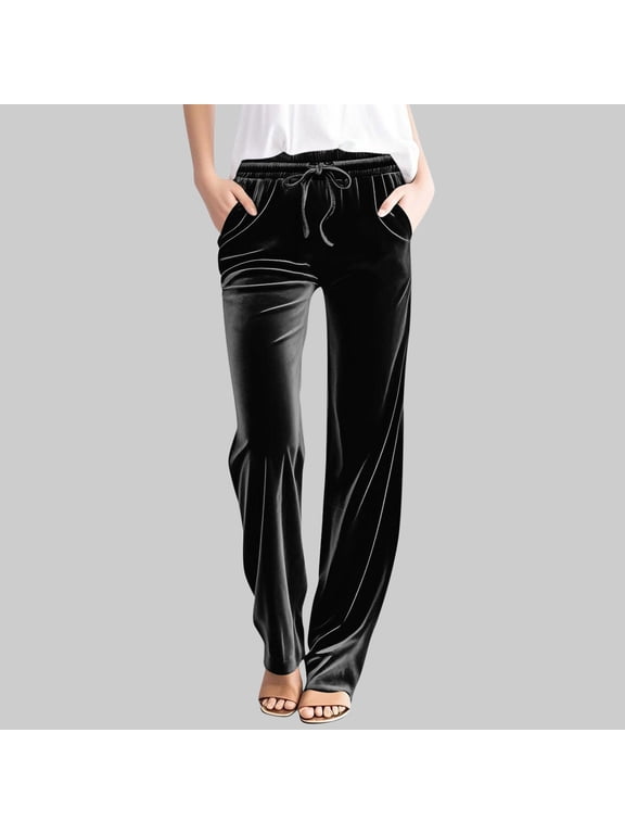 Velvet Wide Leg Pants for Women Oversized Drawstring Elastic Waisted Straight Leg Velour Pant Womens Casual Solid Plus Size Relaxed Fits Loose Comfortable Velvet Jogger Trousers with Pockets