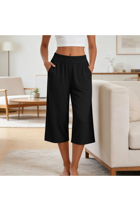 Wide Leg Capris Pants for Women Summer Elastic Waist Lounge Capri Pajama Pants Casual Solid Loose Fits Lightweight Comfy Cropped Pjs Pants