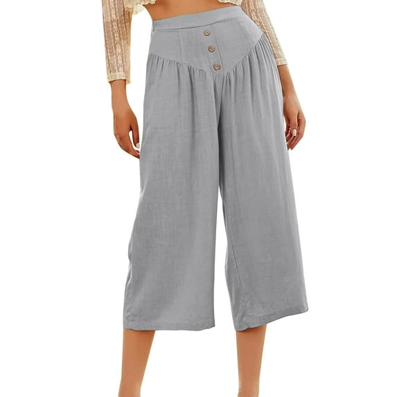 Yteetum Wide Leg Pants Woman Elastic High Waisted Drawstring Linen Cropped Pants Womens Casual Solid Cotton Linen Loose Fitting Comfy Lightweight Straight Leg Pants with Pockets