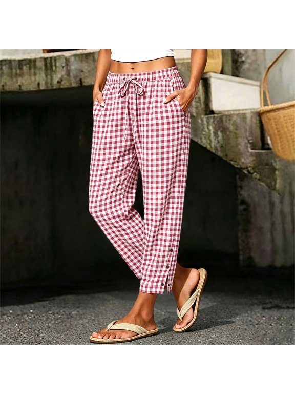 Wide Leg Pants for Women Drawstring High Waist Cotton Linen Plaid Pant Womens Summer Fall Casual Checked Loose Comfy Side Split Buttons Hem Trousers