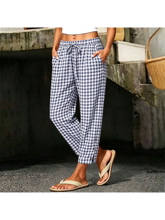 Wide Leg Pants for Women Drawstring High Waist Cotton Linen Plaid Pant Womens Summer Fall Casual Checked Loose Comfy Side Split Buttons Hem Trousers