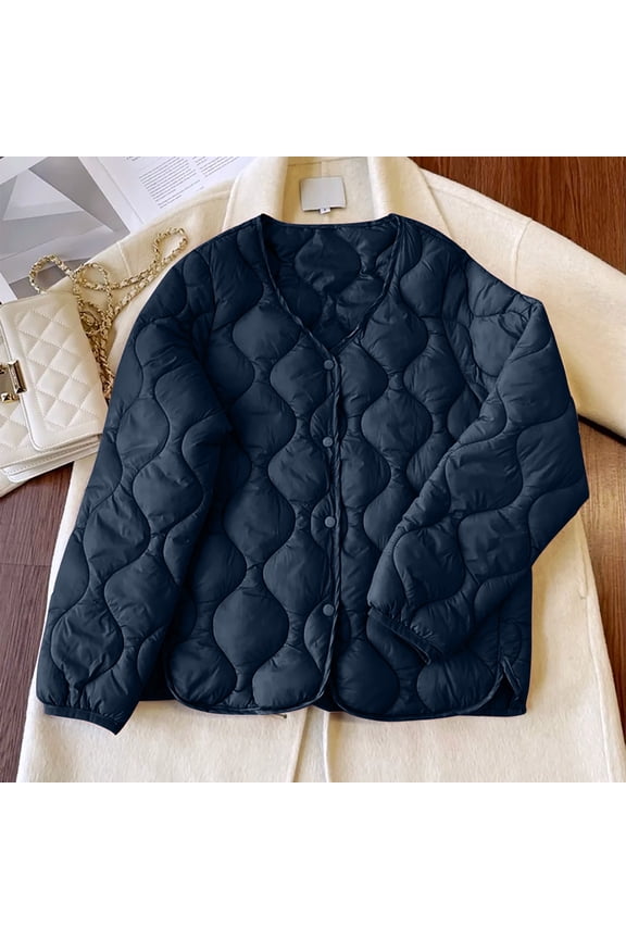 Winter Crewneck Jackets for Women Oversized Cotton Thin Short Versatile Inner Wear Warm Clothing Liner Round Neck Button Close-fitting Jacket Warm Inner Liner Cropped Slim Puffer Coat Outwear