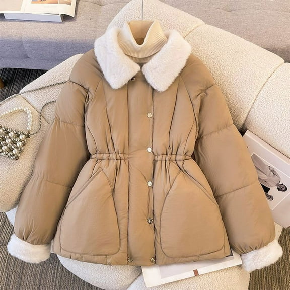 Yteetum Winter Quilted Coats for Women Elegant Lapel Thicken Padded Puffer Jackets Oversized Outerwear Waist-Defining Cotton Coats Womens Loose Fits Turndown Collar Coats Fall Winter Clothes