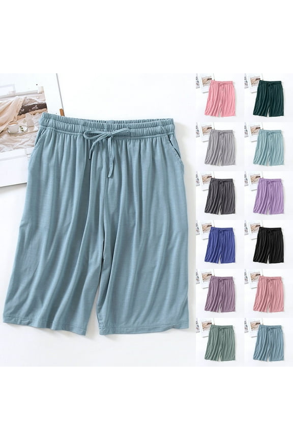 Women Pajama Bermuda Shorts Solid Color Stretch Home Sleepwear High Waist Knee Length Shorts Summer Casual Loose Comfy Modal Lounge Bottom Short Pants with Pockets Summer Deal