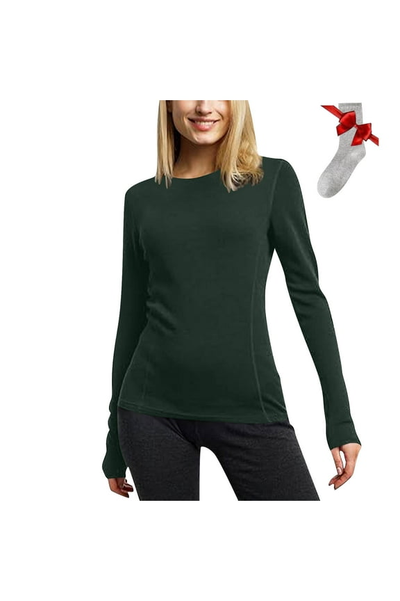 Women Thermal Underwear Shirts Round Neck Long Sleeve Base Layer Shirts Top Womens Casual Solid Comfort Lightweight Crewneck Long Sleeve Warm Shirt and Medium-Sized Socks Combination Set
