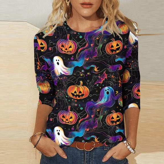 Yteetum Women's 3/4 Length Sleeve Tops Halloween Print Oversize Crew Neck T-Shirt Blouses Ladies Casual Halloween Graphic Round Neck Loose Fits Three Quarter Sleeve Shirt Fall Outfits for Women 2025