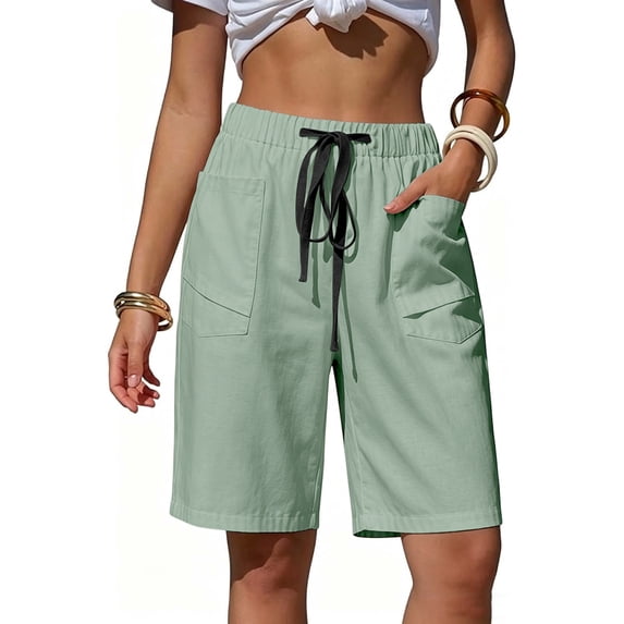 Yteetum Women's Bermuda Shorts Summer Elastic Waist Drawstring Knee Length Shorts Casual Solid Loose Fits Lightweight Comfy Workout Shorts