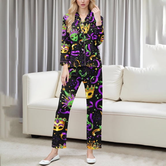 Yteetum Women's Carnival Pajamas Sets Oversized Lapel Mardi Gras Print Button Long Sleeve Sleepwear T Shirt and Pjs Pant 2 Piece Matching Set Casual Turndown Plus Size Pajama and Pants Loungewear Set