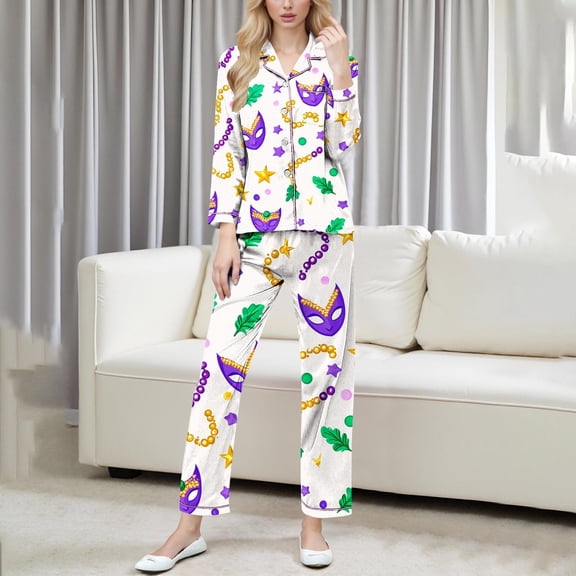 Yteetum Women's Carnival Pajamas Sets Oversized Lapel Mardi Gras Print Button Long Sleeve Sleepwear T Shirt and Pjs Pant 2 Piece Matching Set Casual Turndown Plus Size Pajama and Pants Loungewear Set