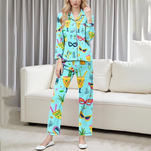 Yteetum Women's Carnival Pajamas Sets Oversized Lapel Mardi Gras Print Button Long Sleeve Sleepwear T Shirt and Pjs Pant 2 Piece Matching Set Casual Turndown Plus Size Pajama and Pants Loungewear Set