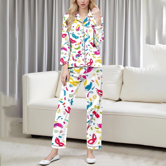 Yteetum Women's Carnival Pajamas Sets Oversized Lapel Mardi Gras Print Button Long Sleeve Sleepwear T Shirt and Pjs Pant 2 Piece Matching Set Casual Turndown Plus Size Pajama and Pants Loungewear Set