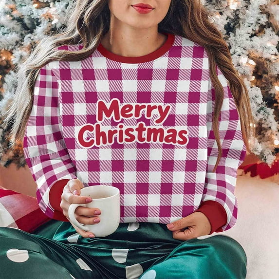 Yteetum Women's Christmas Crewneck Sweartshirts Oversize Merry Christmas Plaid Raglan Letter Print Fleece Pullover Hoodless Sweatshirt Top Womens Round Neck Xmas Holiday Sweatshirt Fall Clothes