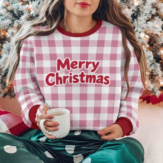 Yteetum Women's Christmas Crewneck Sweartshirts Oversize Merry Christmas Plaid Raglan Letter Print Fleece Pullover Hoodless Sweatshirt Top Womens Round Neck Xmas Holiday Sweatshirt Fall Clothes