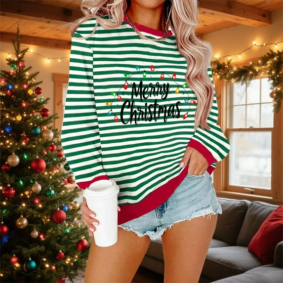 Yteetum Women's Christmas Crewneck Sweatshirts Oversize Christmas Graphic Print Pullover Hoodless Sweatshirts Top Womens Christmas Stripe Print Round Neck Long Sleeve Sweatshirts Fall Clothes