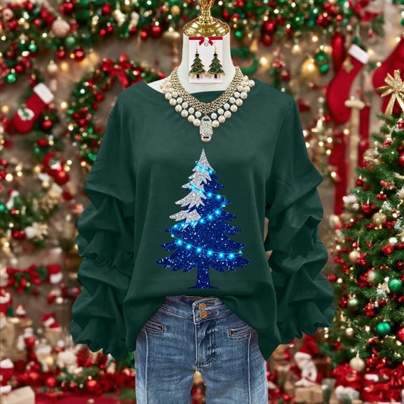 Yteetum Women's Christmas Crewneck Sweatshirts Oversized Christmas Tree Print Pleated Ruffle Trim Pullover Hoodless Sweatshirts Womens Casual Xmas Graphic Round Neck Loose Lantern Sleeve Sweatshirts