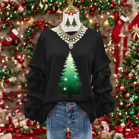 Yteetum Women's Christmas Crewneck Sweatshirts Oversized Christmas Tree Print Pleated Ruffle Trim Pullover Hoodless Sweatshirts Womens Casual Xmas Graphic Round Neck Loose Lantern Sleeve Sweatshirts