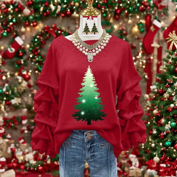 Yteetum Women's Christmas Crewneck Sweatshirts Oversized Christmas Tree Print Pleated Ruffle Trim Pullover Hoodless Sweatshirts Womens Casual Xmas Graphic Round Neck Loose Lantern Sleeve Sweatshirts