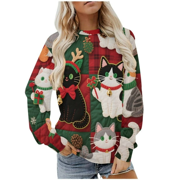 Yteetum Women's Christmas Hoodies Sweatshirts Oversize Crew Neck Fleece Linen Sweatshirt Coat Womens Casual Christmas Graphic Print Round Neck Loose Long Sleeve Pulover Hooded Sweatshirts Outwear
