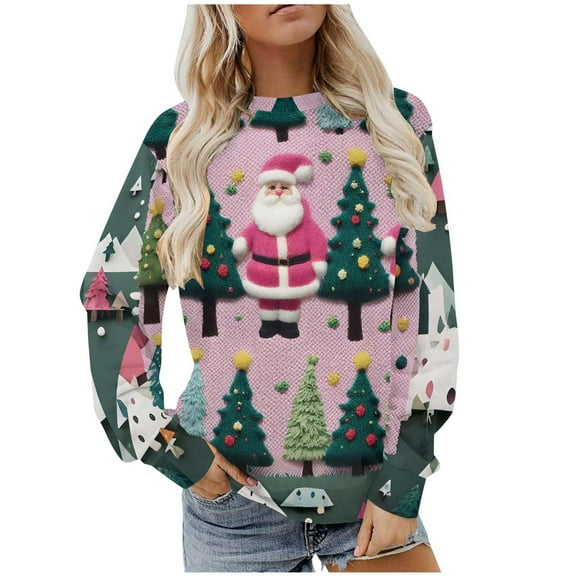 Yteetum Women's Christmas Hoodies Sweatshirts Oversize Crew Neck Fleece Linen Sweatshirt Coat Womens Casual Christmas Graphic Print Round Neck Loose Long Sleeve Pulover Hooded Sweatshirts Outwear