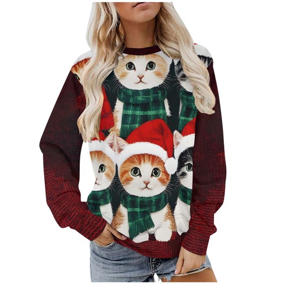 Yteetum Women's Christmas Hoodies Sweatshirts Oversize Crew Neck Fleece Linen Sweatshirt Coat Womens Casual Christmas Graphic Print Round Neck Loose Long Sleeve Pulover Hooded Sweatshirts Outwear