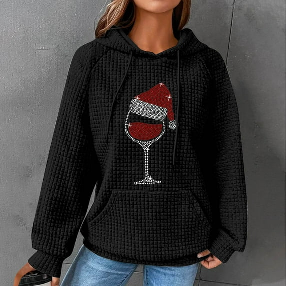Yteetum Women's Christmas Print Hoodies Sweatshirts Oversize Waffle Knit Santa Hat Red Wine Glass Rhinestone Hooded Sweatshirts Coats Womens Casual Graphic Print Loose Long Sleeve Sweatshirts Outwear