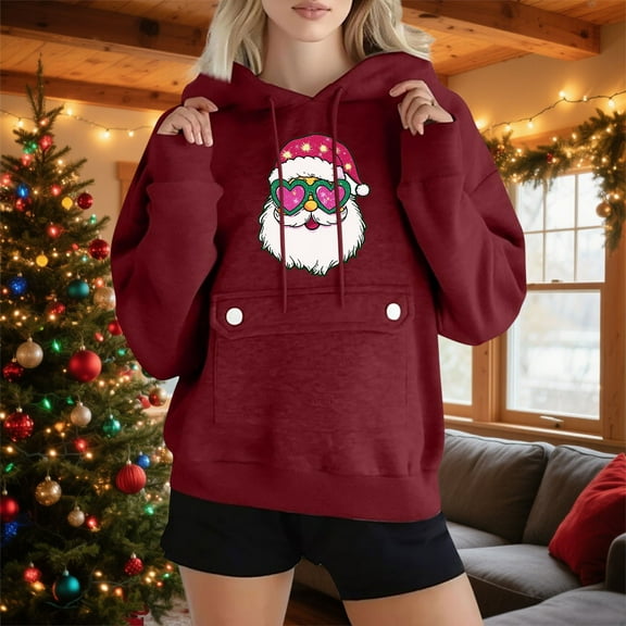 Yteetum Women's Christmas Printed Hoodies Sweatshirts Oversized Drawstring Fleece Linend Pullover Hoodies Top Womens Casual Print Plus Size Xmas Holiday Long Sleeve Hooded Sweatshirt Coats Fall
