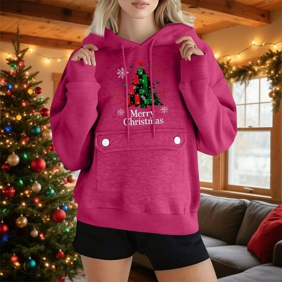 Yteetum Women's Christmas Printed Hoodies Sweatshirts Oversized Drawstring Fleece Linend Pullover Hoodies Top Womens Casual Print Plus Size Xmas Holiday Long Sleeve Hooded Sweatshirt Coats Fall