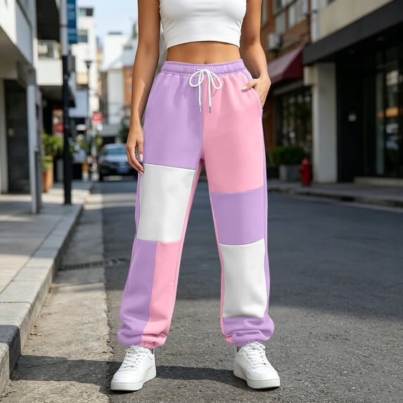 Yteetum Women's Color Block Sweatpants Baggy High Waisted Drawstring Athletic Workout Gym Pants Women Fall Winter Loose Comfy Soft Joggers Sweatpant