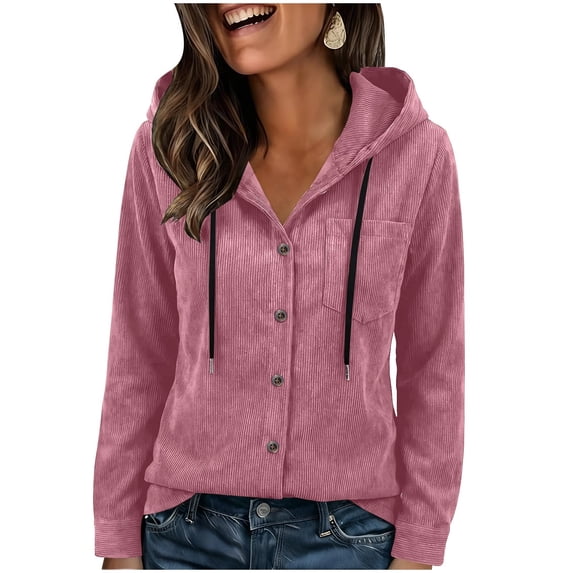 Yteetum Women's Corduroy Hoodies Sweatshirt Plus Size Drawstring Button Down Hooded Jacket Womens Casual Solid Oversized Loose Fits Athletic Hood Thick Sweatshirts Top with Chest Pocket Spring Clothe