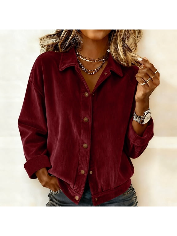Women's Corduroy T Shirts Oversized Lapel Button Down Long Sleeve Shirt Top Womens Casual Solid Plus Size Turndown Collared Loose Cozy Comfy Tee Office Work Dressy Blouses Fall Spring Clothes