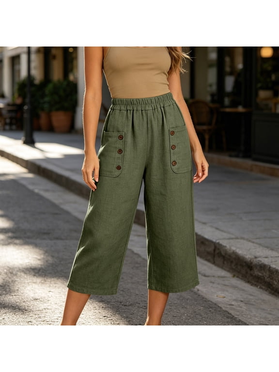Women's Cotton Capris Summer Elastic Waist Wide Leg 3/4 Capri Pants with Button Pockets Casual Solid Loose Lightweight Comfy Lounge Trousers Beach Vacation Clothes